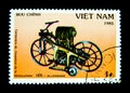A stamp printed in Vietnam shows an image of Motocyclette 1895 Allemagne. Royalty Free Stock Photo